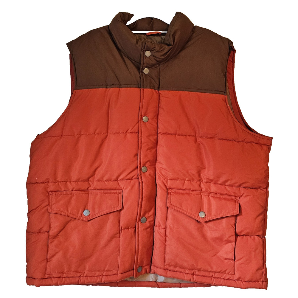 Old Navy Puffer Vest Mens XXL Orange Brown Quilted Zip Snap Outdoor Pockets